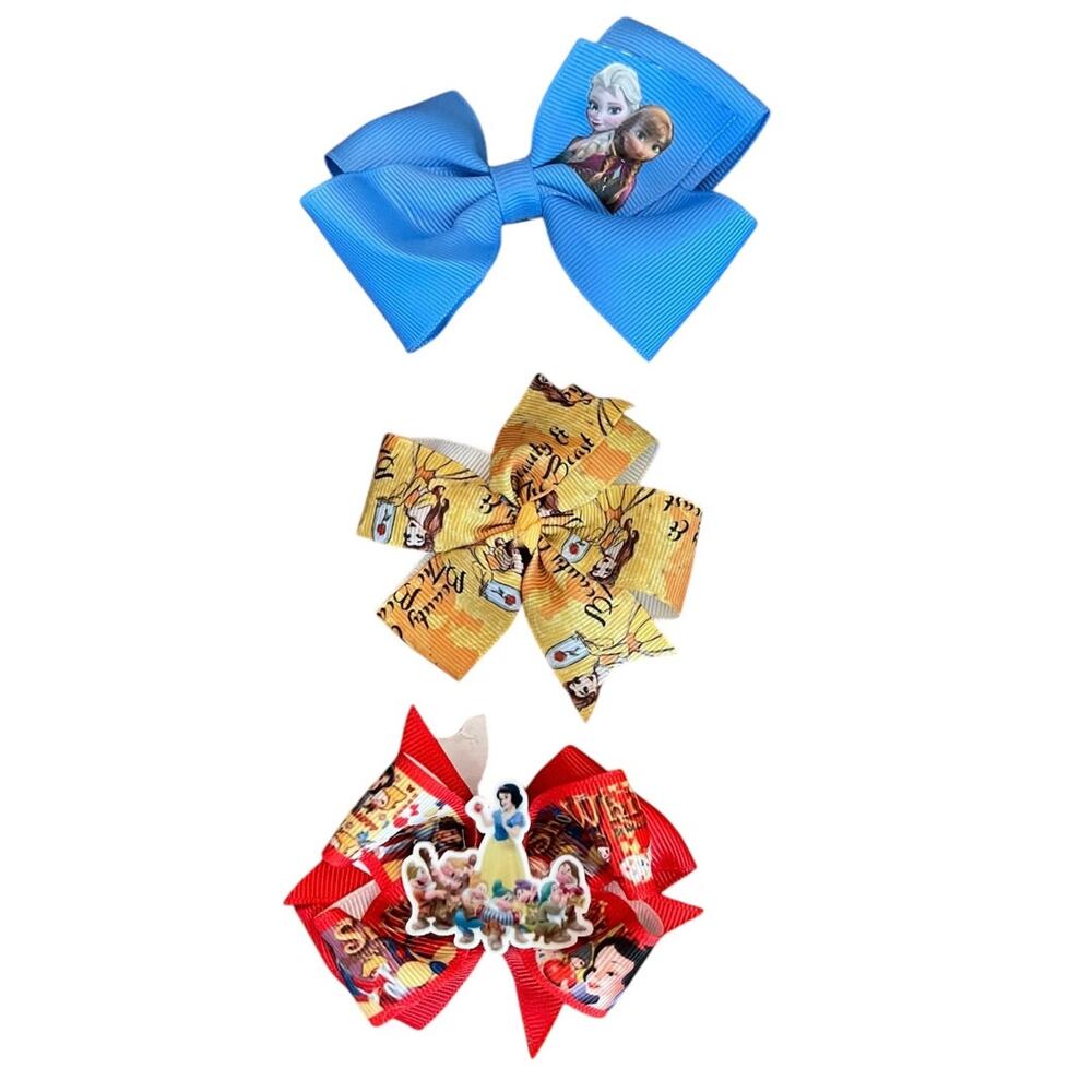 Set of 3 Princess Hair Clips Bows Beauty Frozen Snow White 3 Inch